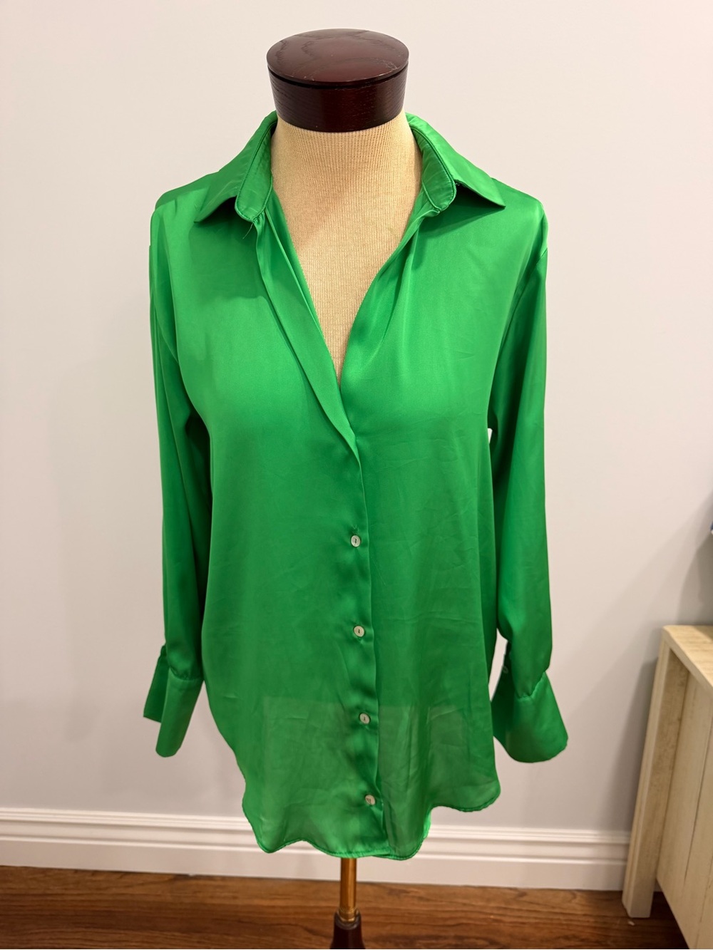 Zara Vivid Green Satin Button-Down Shirt